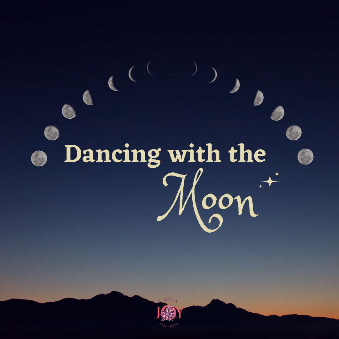 Himmel mit den verschiedenen Mondphasen und dem Titel "Dancing with the moon"
