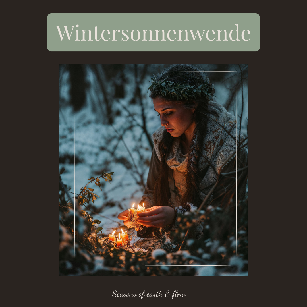 Junge Frau sitzt im verschneiten Wald und zündet Kerzen an, ein ruhiges Wintersonnenwende-Ritual im Kerzenschein.