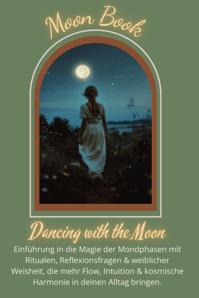 Cover des Moon Books Dancing with the Moon: Eine Frau in einem fließenden weißen Kleid geht nachts unter dem Vollmond durch eine wilde, naturbelassene Landschaft. Mystische Stimmung mit Sternenhimmel, feminine Energie und Mondmagie. Workbook zu Mondphasen, Ritualen, Reflexion und intuitivem, zyklischem Leben von Seasons of Earth & Flow.